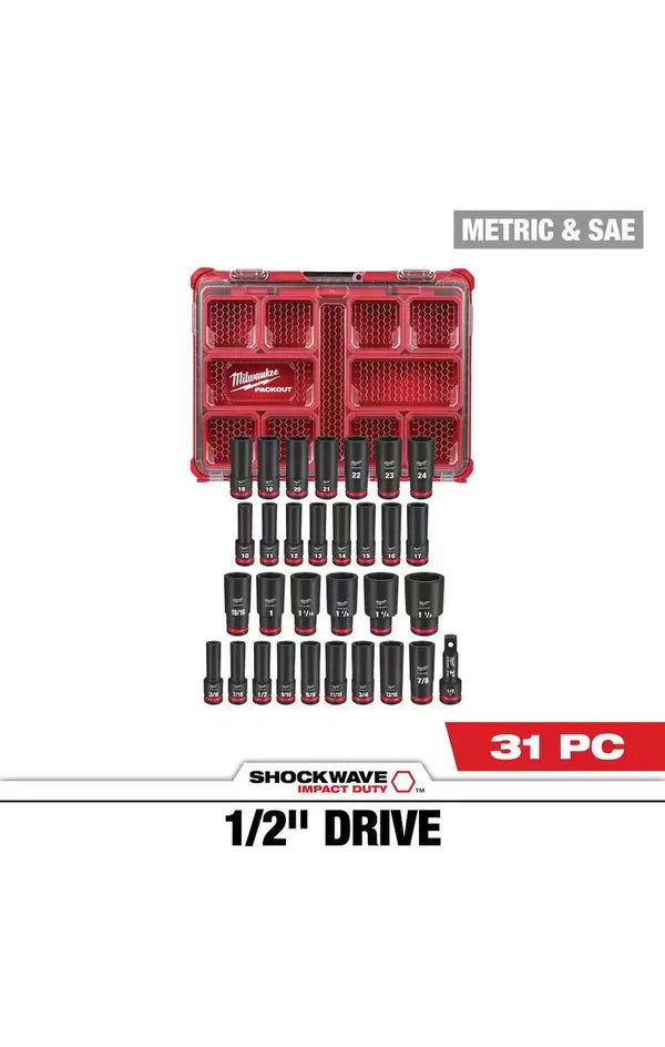 SHOCKWAVE Impact-Duty 1/2 in. Drive Metric and SAE Deep Well Impact PACKOUT Socket Set (31-Piece)