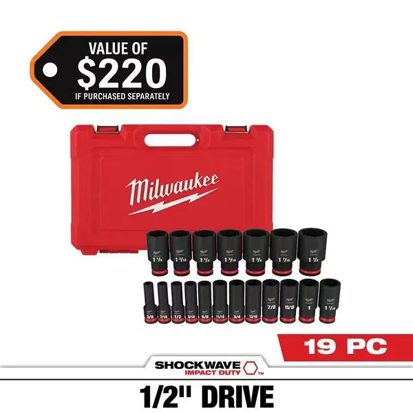 Milwaukee SHOCKWAVE 19-Piece 1/2" Drive SAE Deep 6-Point Impact Socket Set